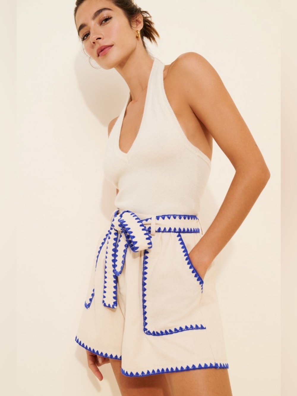 En Saison Cream Shorts with Blue Zigzag Trim and Tie Waist - Picture 2 of 5